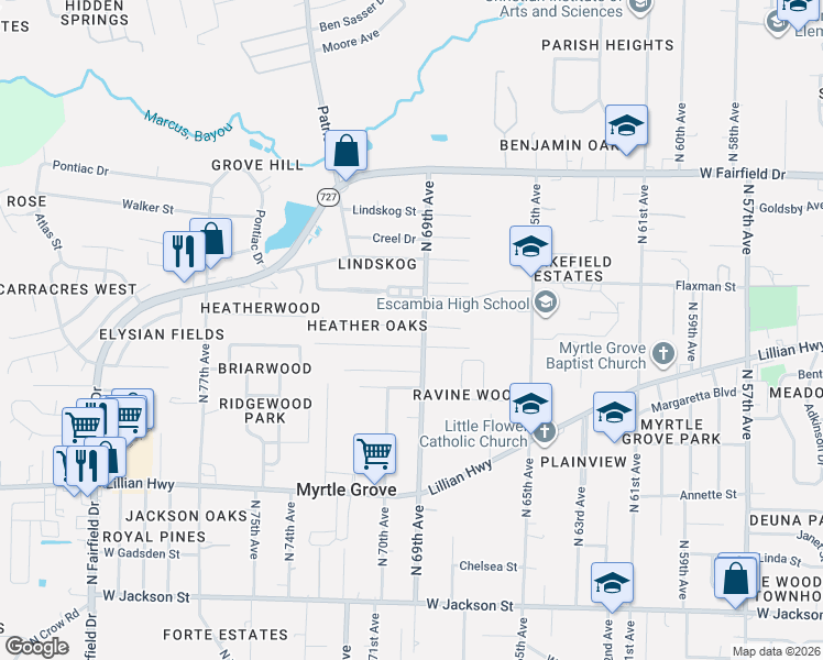 map of restaurants, bars, coffee shops, grocery stores, and more near 1305 North 69th Avenue in Pensacola