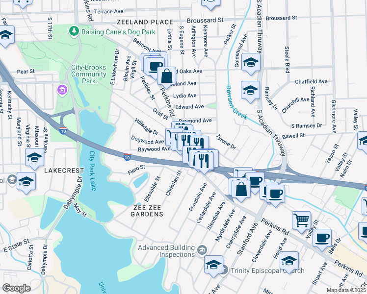 map of restaurants, bars, coffee shops, grocery stores, and more near 2857 Kalurah Street in Baton Rouge