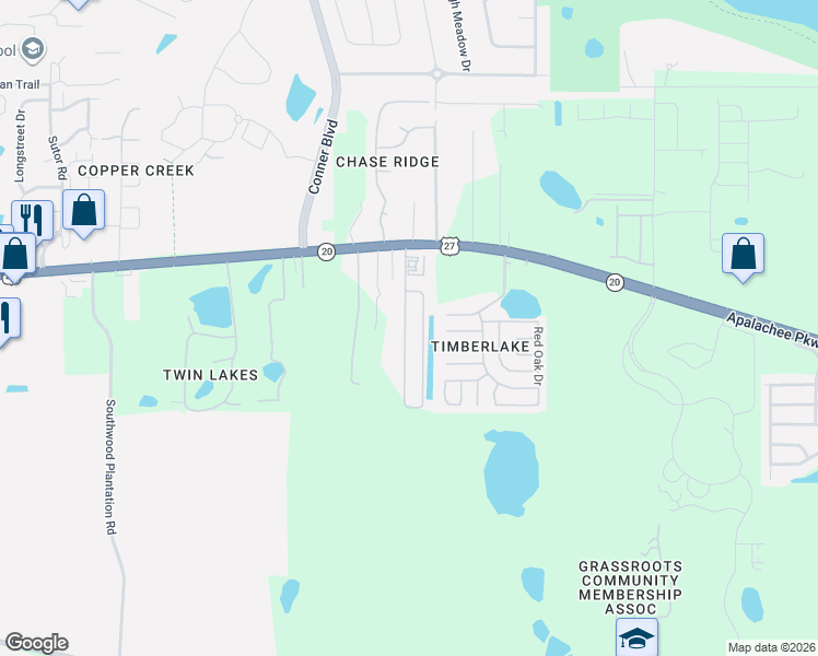map of restaurants, bars, coffee shops, grocery stores, and more near 1611 Quazar Road in Tallahassee