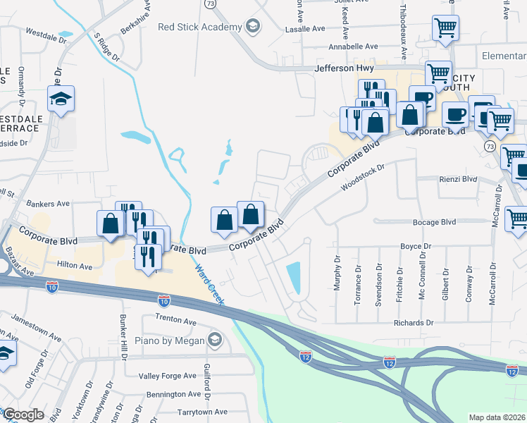 map of restaurants, bars, coffee shops, grocery stores, and more near 6765 Corporate Boulevard in Baton Rouge
