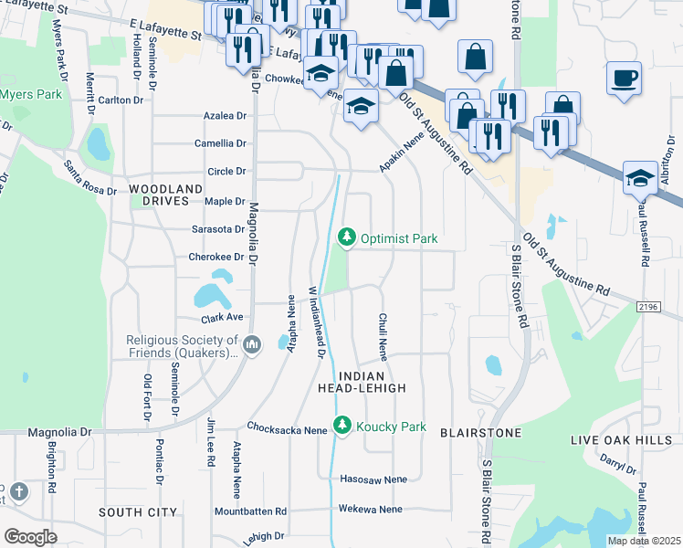 map of restaurants, bars, coffee shops, grocery stores, and more near 1806 East Indianhead Drive in Tallahassee