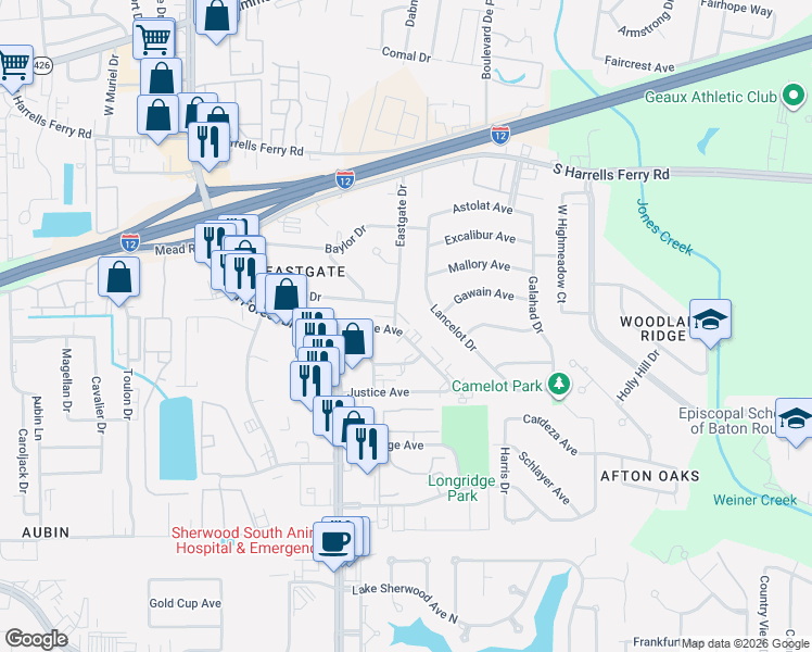 map of restaurants, bars, coffee shops, grocery stores, and more near 11949 Bricksome Avenue in Baton Rouge