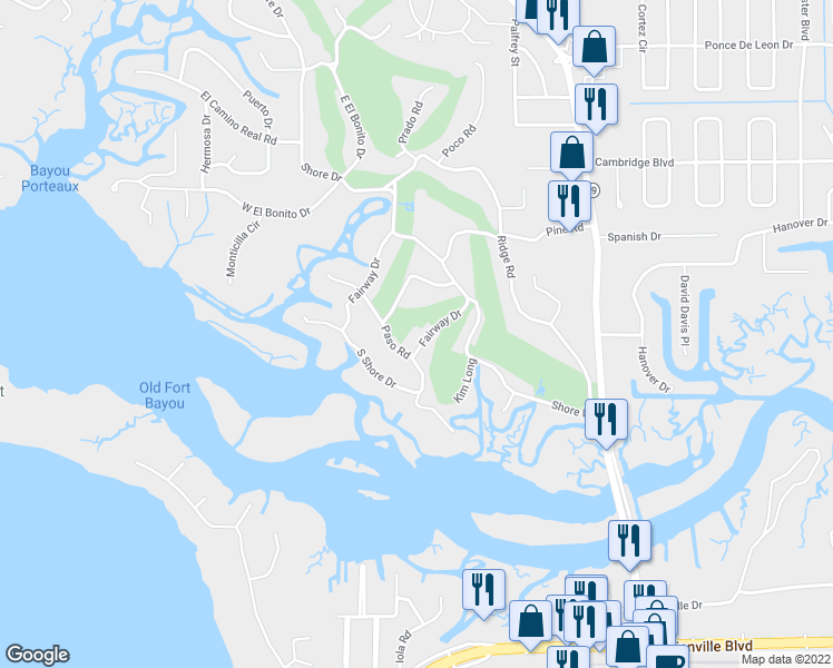 map of restaurants, bars, coffee shops, grocery stores, and more near 13540 Fairway Drive in Ocean Springs