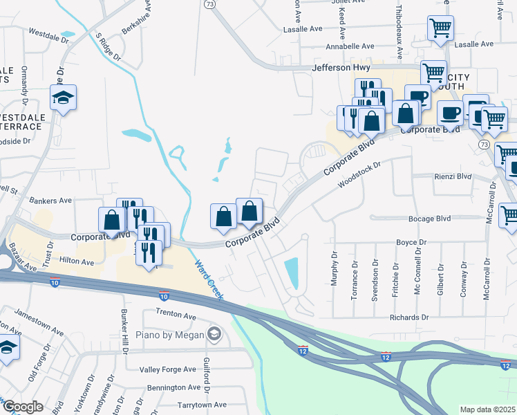 map of restaurants, bars, coffee shops, grocery stores, and more near 6765 Corporate Boulevard in Baton Rouge