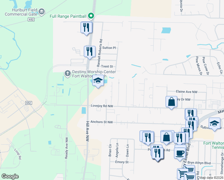 map of restaurants, bars, coffee shops, grocery stores, and more near 215 Combs Manor Court Northwest in Fort Walton Beach