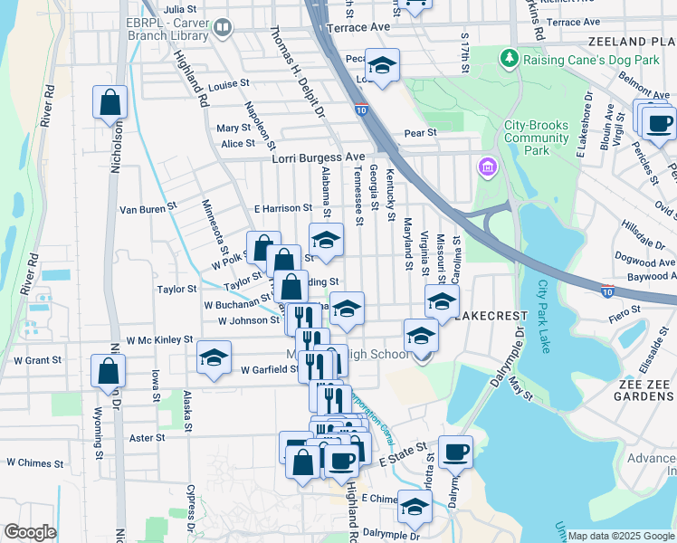 map of restaurants, bars, coffee shops, grocery stores, and more near 408 East Polk Street in Baton Rouge