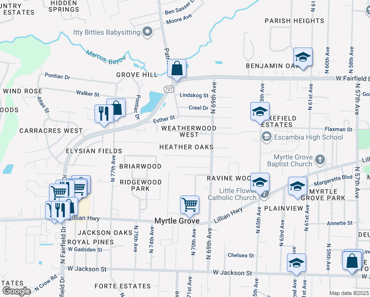 map of restaurants, bars, coffee shops, grocery stores, and more near 7061 Heather Oaks Drive in Pensacola