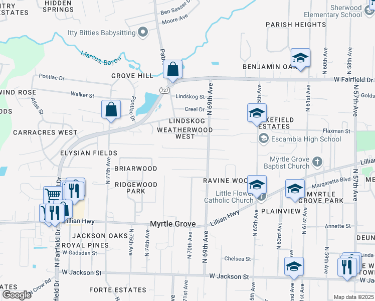map of restaurants, bars, coffee shops, grocery stores, and more near 7021 Heather Oaks Drive in Pensacola