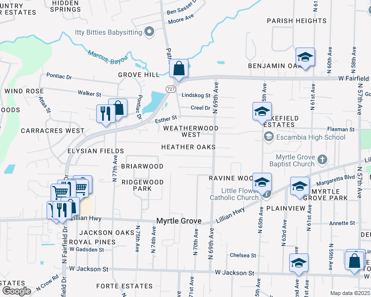 map of restaurants, bars, coffee shops, grocery stores, and more near 7071 Heather Oaks Drive in Pensacola