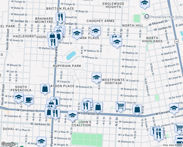 map of restaurants, bars, coffee shops, grocery stores, and more near 1250 West Lloyd Street in Pensacola