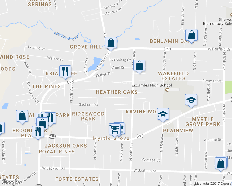 map of restaurants, bars, coffee shops, grocery stores, and more near 7061 Heather Oaks Drive in Pensacola