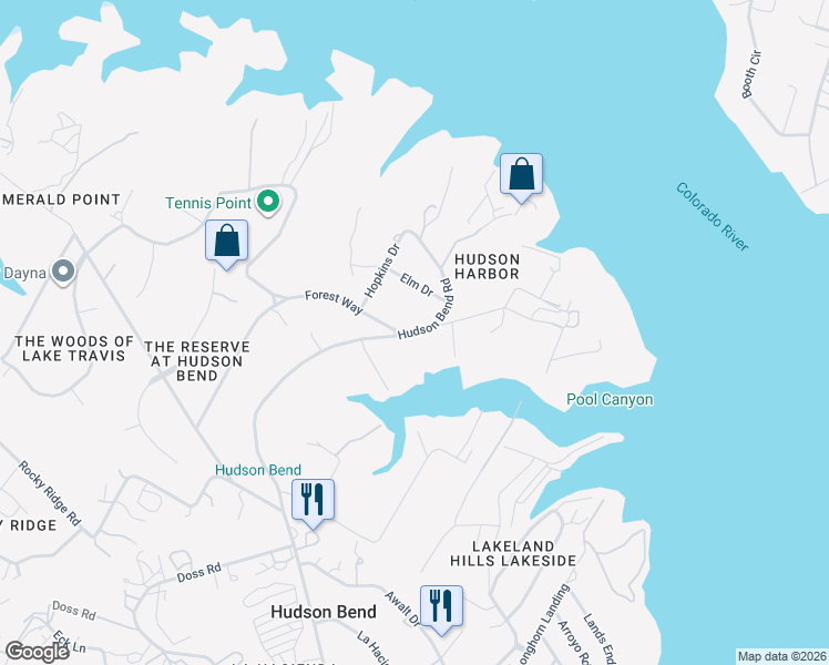 map of restaurants, bars, coffee shops, grocery stores, and more near 6111 Hudson Bend Road in Austin