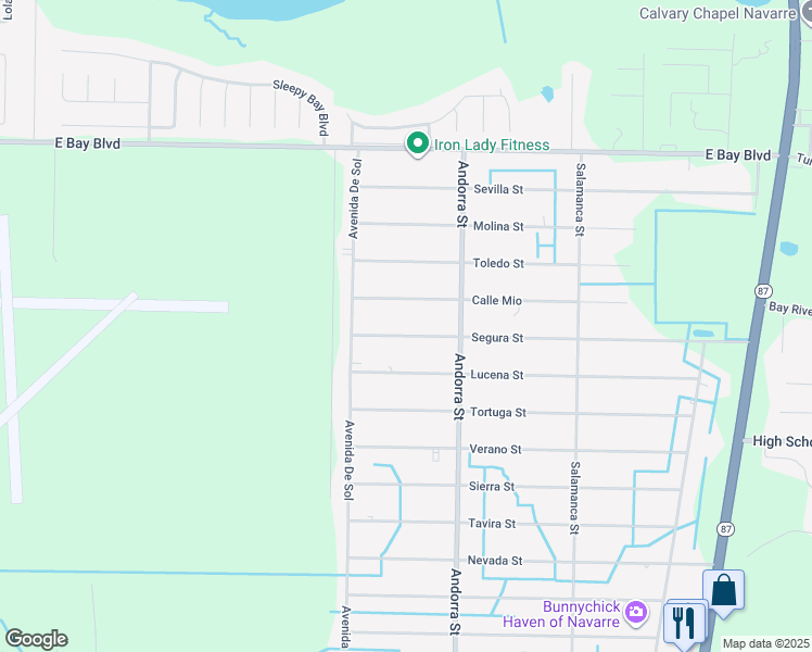 map of restaurants, bars, coffee shops, grocery stores, and more near 8158 Segura Street in Navarre