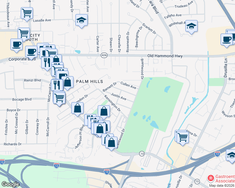 map of restaurants, bars, coffee shops, grocery stores, and more near 8343 Justin Avenue in Baton Rouge