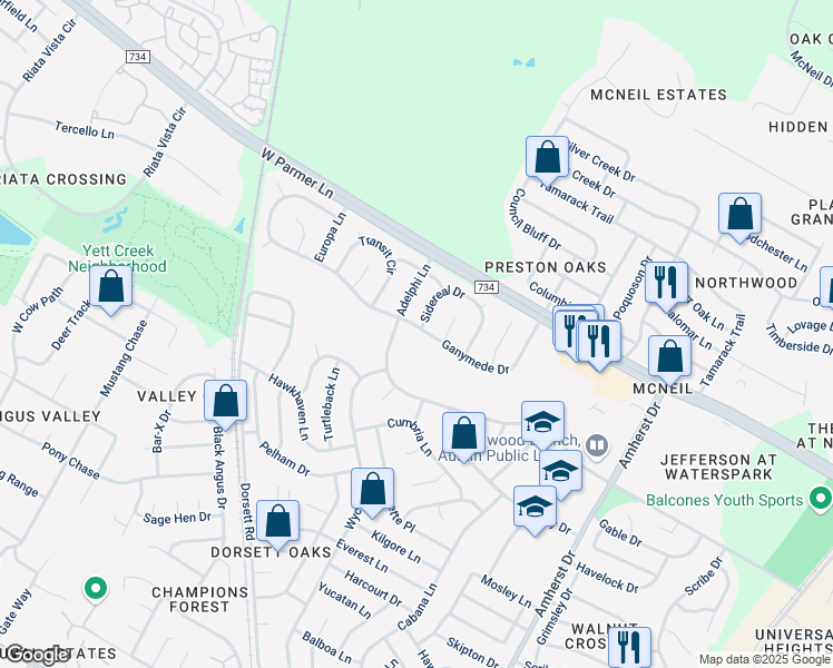 map of restaurants, bars, coffee shops, grocery stores, and more near 4611 Ganymede Drive in Austin
