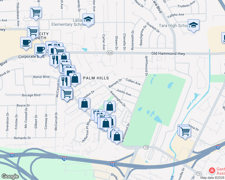 map of restaurants, bars, coffee shops, grocery stores, and more near 8332 Justin Avenue in Baton Rouge