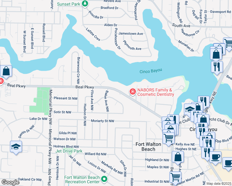 map of restaurants, bars, coffee shops, grocery stores, and more near 164 Beal Parkway in Fort Walton Beach