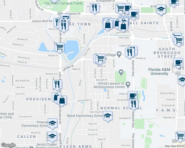 map of restaurants, bars, coffee shops, grocery stores, and more near 833 Liberty Street in Tallahassee