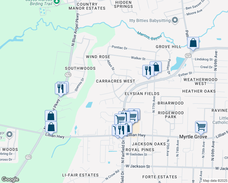 map of restaurants, bars, coffee shops, grocery stores, and more near 8148 El Dorado Drive in Pensacola