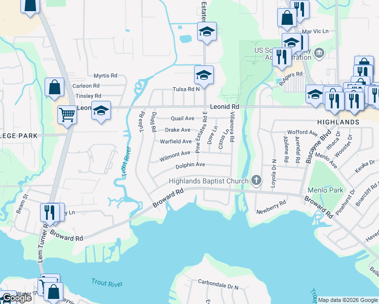 map of restaurants, bars, coffee shops, grocery stores, and more near Wilmont Avenue in Jacksonville