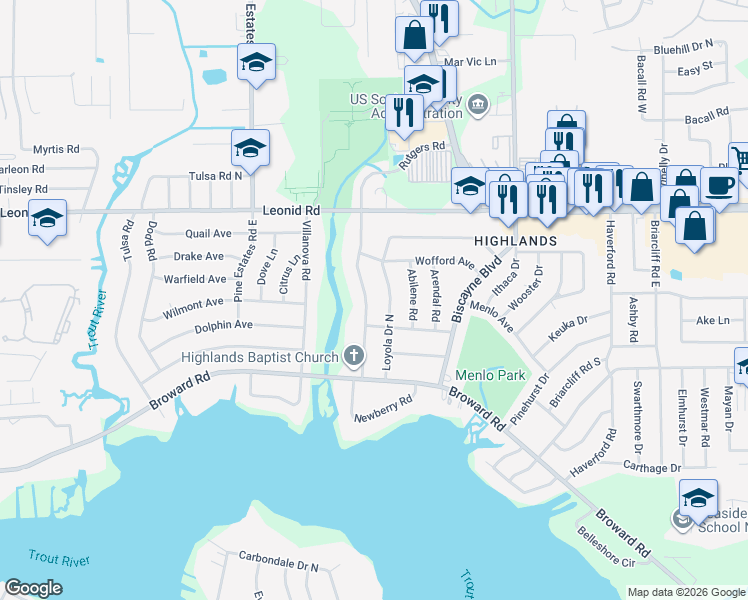 map of restaurants, bars, coffee shops, grocery stores, and more near 10513 Rutgers Road in Jacksonville
