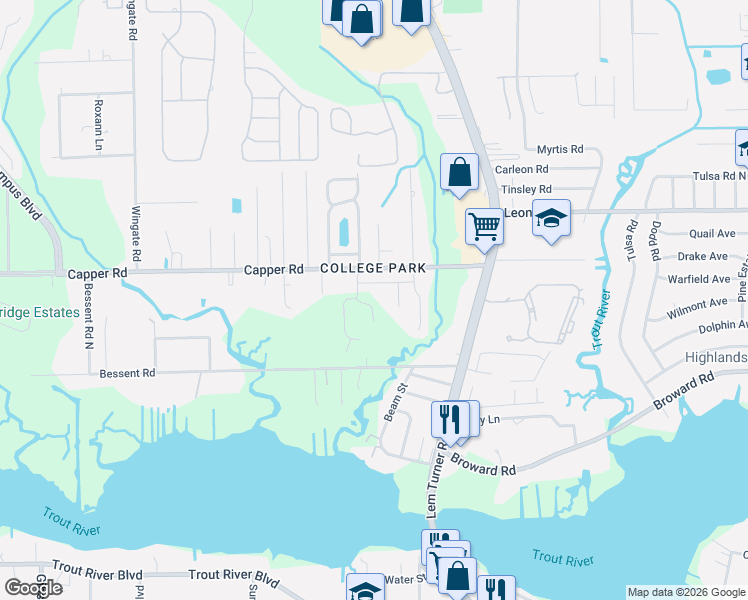 map of restaurants, bars, coffee shops, grocery stores, and more near 10548 Madrone Cove Court in Jacksonville