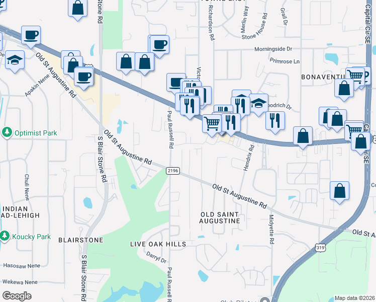 map of restaurants, bars, coffee shops, grocery stores, and more near 1434 Fisher Lane in Tallahassee