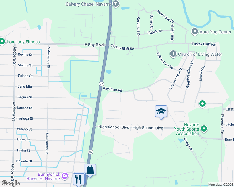 map of restaurants, bars, coffee shops, grocery stores, and more near 2533 Water Oak Street in Navarre