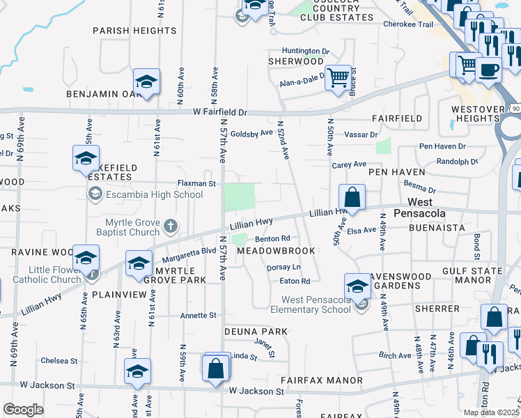 map of restaurants, bars, coffee shops, grocery stores, and more near 5398 Lillian Highway in Pensacola