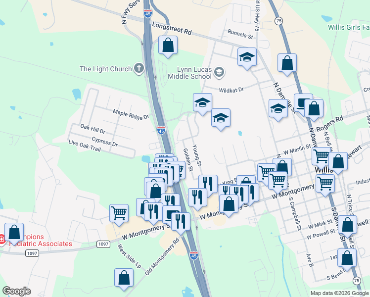 map of restaurants, bars, coffee shops, grocery stores, and more near 500 Golden Street in Willis