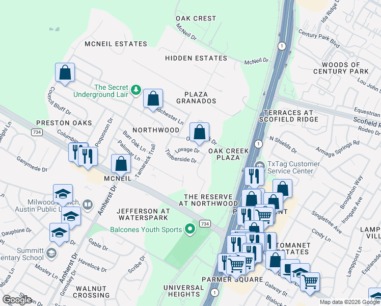 map of restaurants, bars, coffee shops, grocery stores, and more near 12703 Timberside Drive in Austin