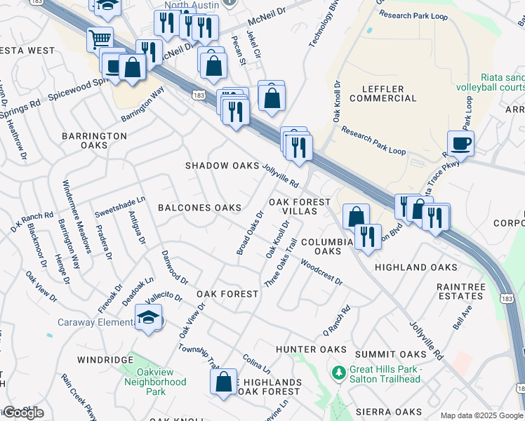 map of restaurants, bars, coffee shops, grocery stores, and more near 11801 Broad Oaks Drive in Austin
