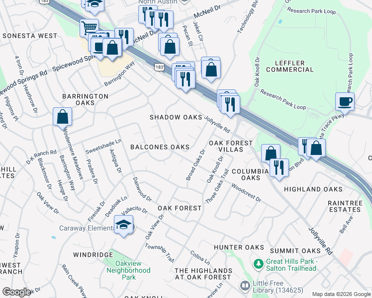 map of restaurants, bars, coffee shops, grocery stores, and more near 11709 Argonne Forest Trail in Austin