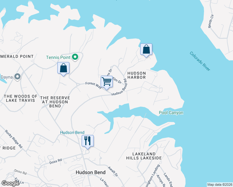 map of restaurants, bars, coffee shops, grocery stores, and more near 6111 Hudson Bend Road in Austin