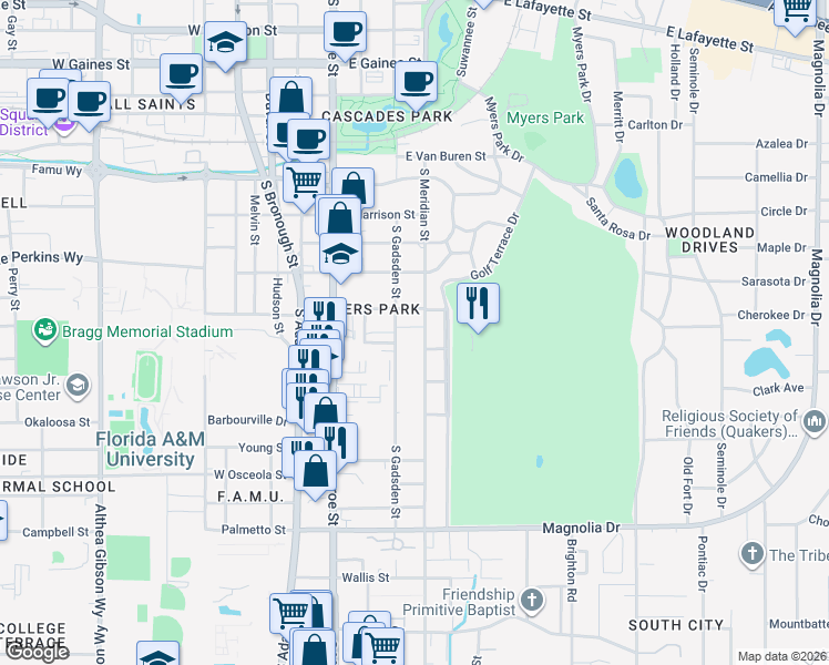 map of restaurants, bars, coffee shops, grocery stores, and more near 1614 South Meridian Street in Tallahassee