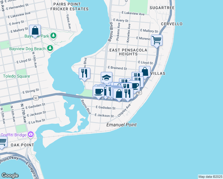 map of restaurants, bars, coffee shops, grocery stores, and more near 501 Pickens Avenue in Pensacola