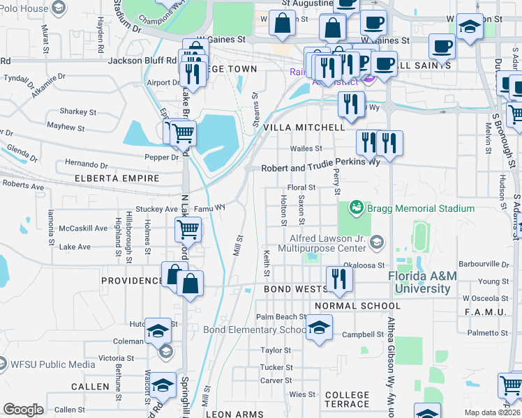 map of restaurants, bars, coffee shops, grocery stores, and more near 1717 Keith Street in Tallahassee