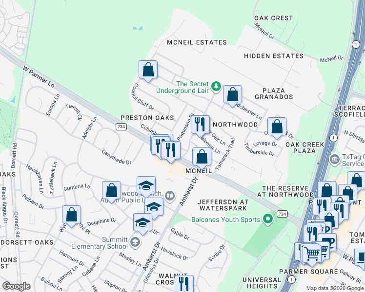 map of restaurants, bars, coffee shops, grocery stores, and more near 12607 Silver Creek Drive in Austin