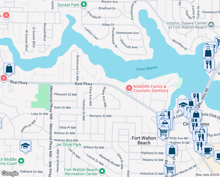 map of restaurants, bars, coffee shops, grocery stores, and more near 227 Bayou Woods Drive Northwest in Fort Walton Beach