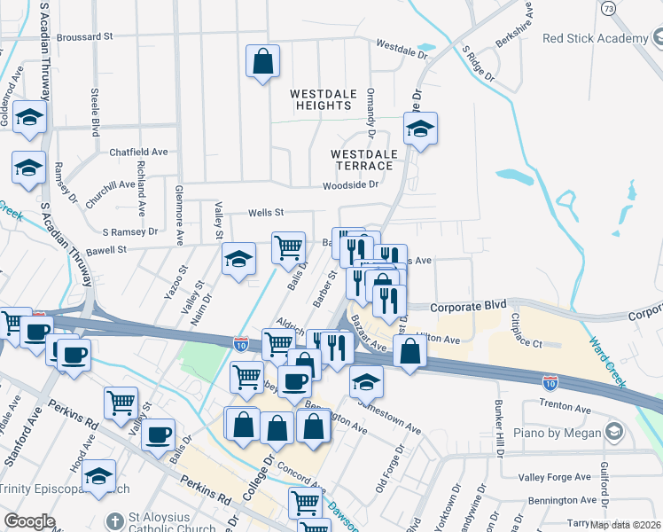 map of restaurants, bars, coffee shops, grocery stores, and more near 2435 Barber Street in Baton Rouge