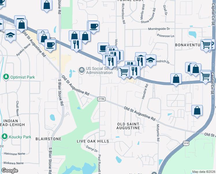 map of restaurants, bars, coffee shops, grocery stores, and more near 1344 Castelnau Court in Tallahassee