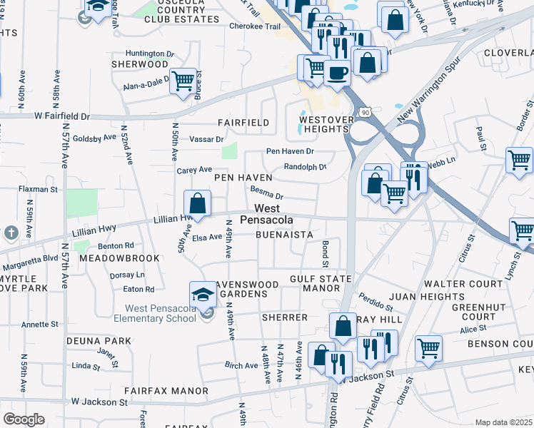 map of restaurants, bars, coffee shops, grocery stores, and more near in West Pensacola