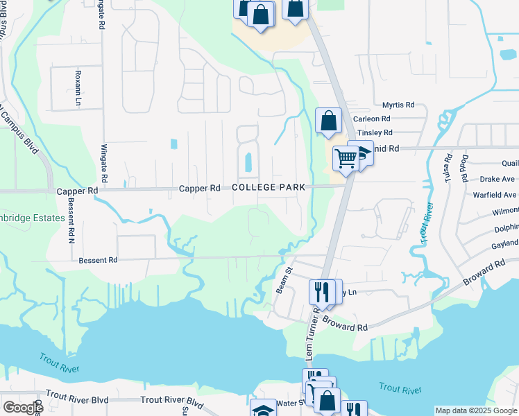 map of restaurants, bars, coffee shops, grocery stores, and more near 10514 Capper Road in Jacksonville