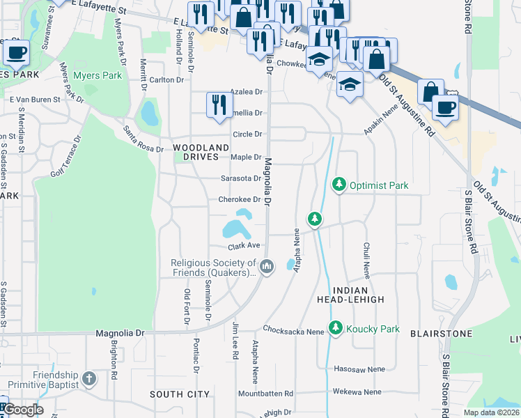 map of restaurants, bars, coffee shops, grocery stores, and more near 1816 South Magnolia Drive in Tallahassee