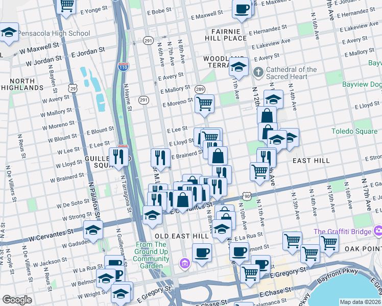 map of restaurants, bars, coffee shops, grocery stores, and more near 1115 North 7th Avenue in Pensacola