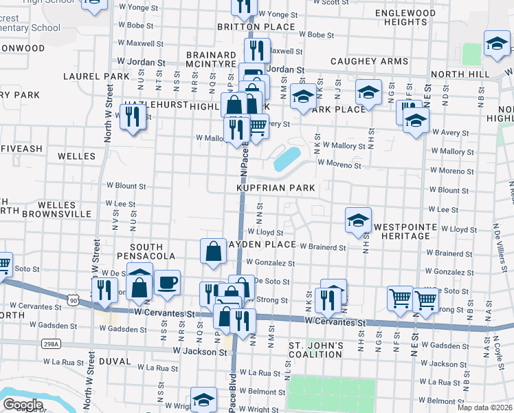 map of restaurants, bars, coffee shops, grocery stores, and more near 2023 West Lee Street in Pensacola