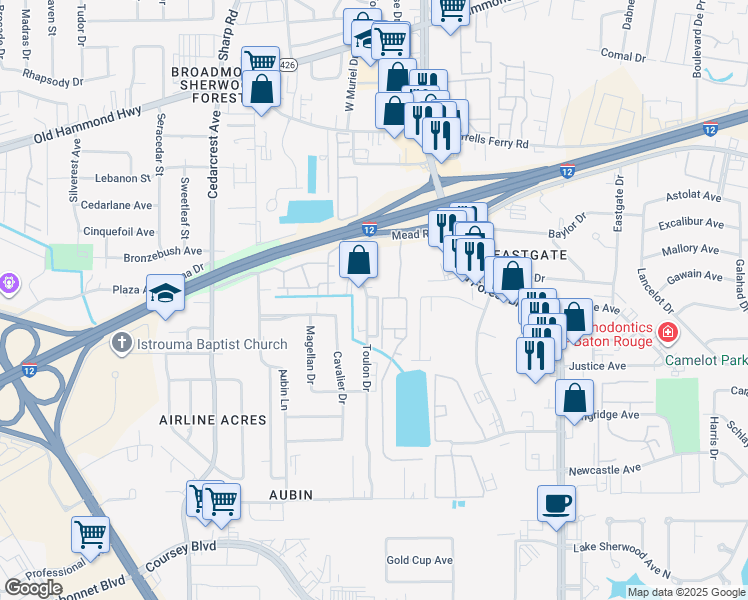 map of restaurants, bars, coffee shops, grocery stores, and more near 1651 Sharp Road in Baton Rouge