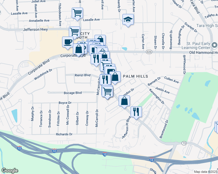 map of restaurants, bars, coffee shops, grocery stores, and more near 7930 Jefferson Highway in Baton Rouge
