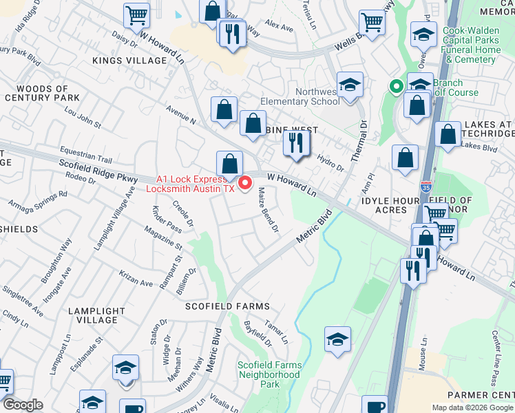 map of restaurants, bars, coffee shops, grocery stores, and more near 1716 Sunterro Drive in Austin