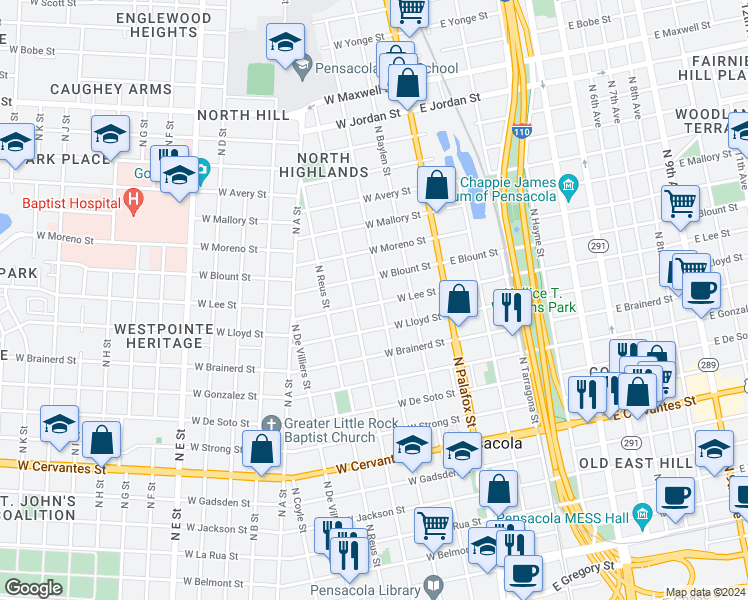 map of restaurants, bars, coffee shops, grocery stores, and more near 1401 North Spring Street in Pensacola